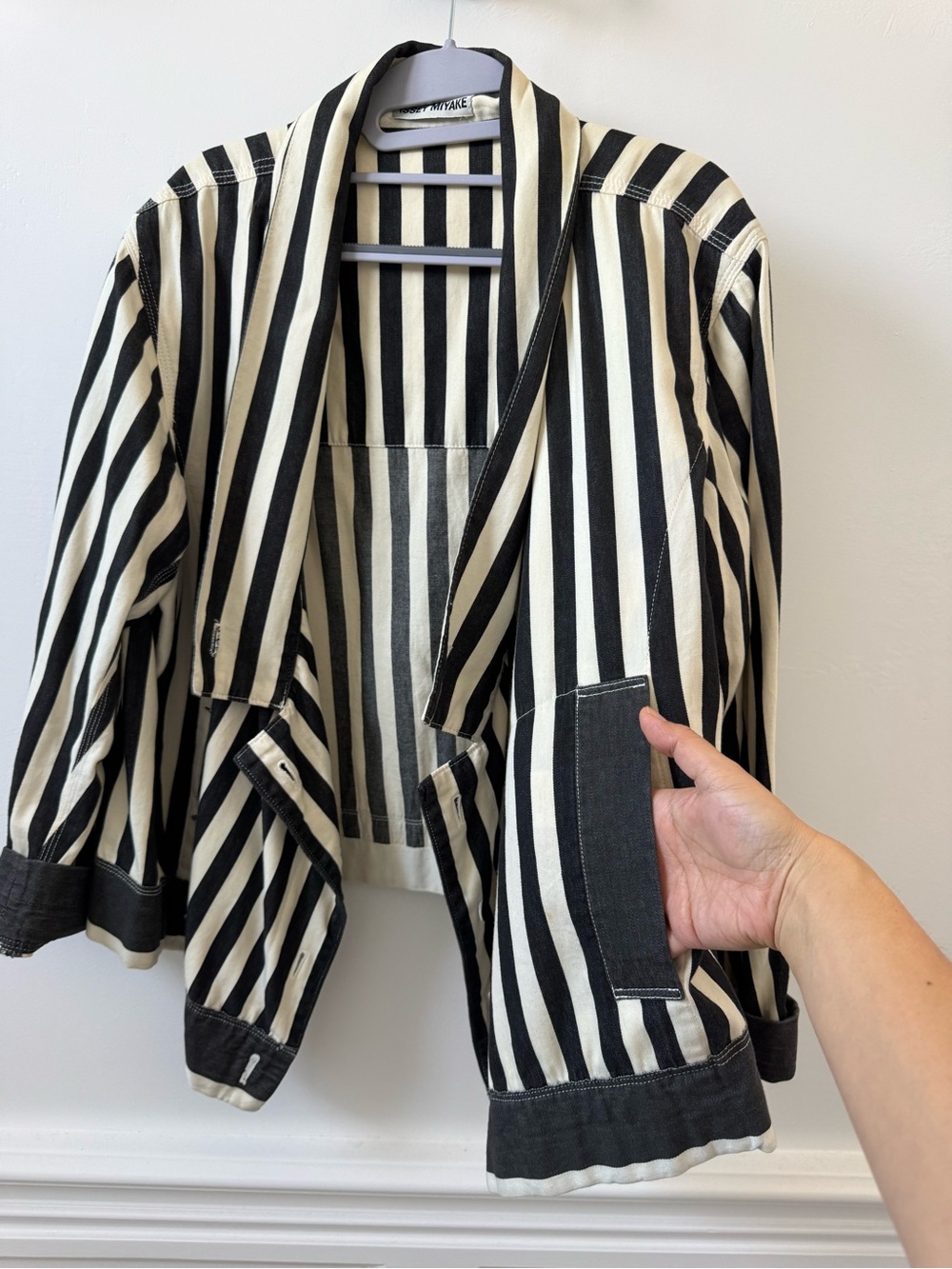 Issey Miyake Black & Cream Vertical Stripe Asymmetric Jacket - Picture 5 of 7